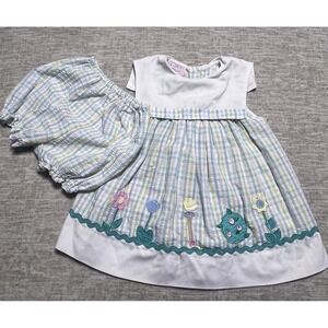 Vintage Samara blue and white‎ gingham girl dress and bloomers set, size 4T